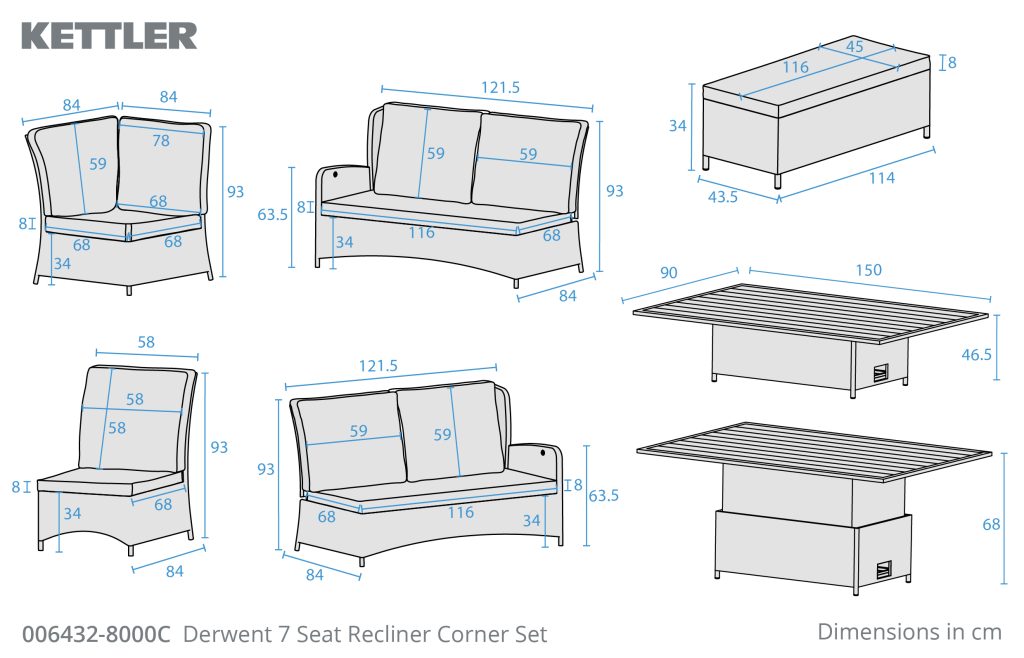 Kettler Derwent Right Hand Corner Reclining Set with Height Adjustable Table & Bench