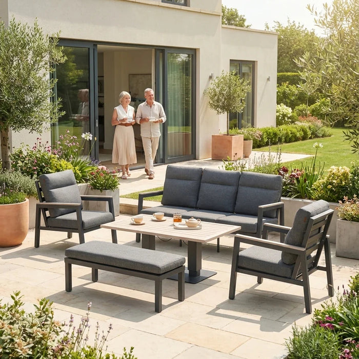 Tudor 5 Seat Sofa Set with Lounge Armchairs & High/Low Table