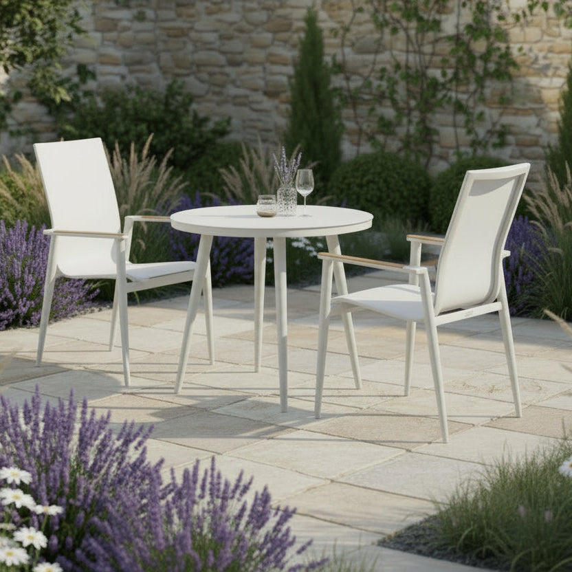 Bramblecrest Sofia Round Bistro Set in Grey Stacking Armchairs