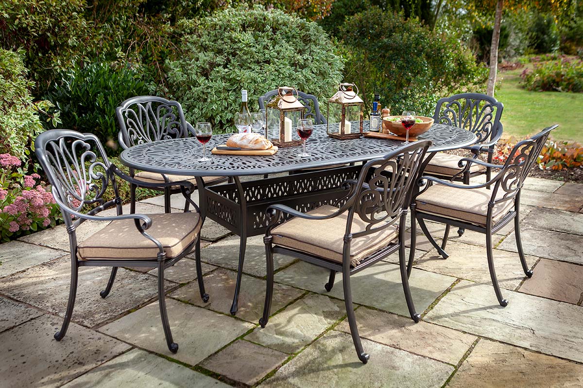 Hartman Amalfi 6 Seat Oval Dining Set with Parasol & Base in Bronze