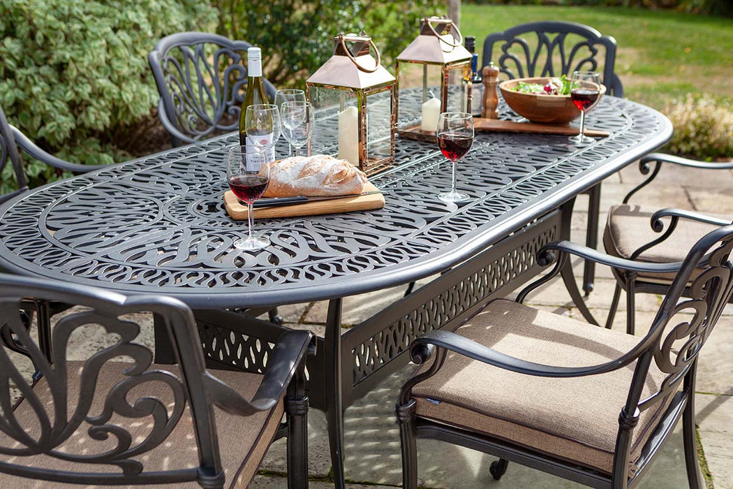 Hartman Amalfi 6 Seat Oval Dining Set with Parasol & Base in Bronze