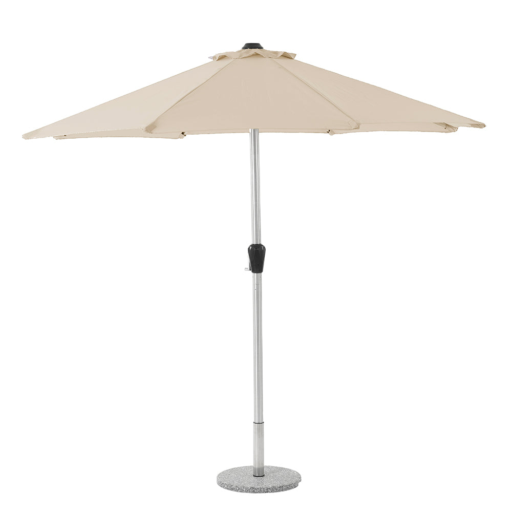 Bramblecrest Chedworth 6 Seat Garden Dining Set in Sandstone with Round Table, Lazy Susan, 3m Parasol & Base