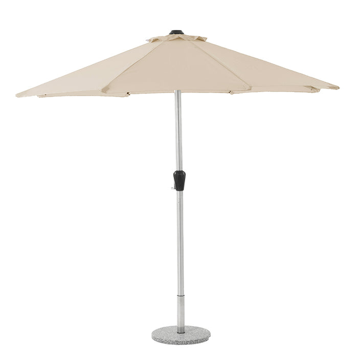 Bramblecrest Chedworth 6 Seat Garden Dining Set in Sandstone with Round Table, Lazy Susan, 3m Parasol & Base