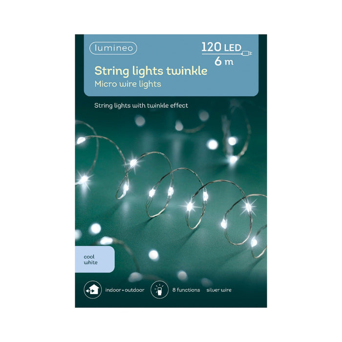 Micro Ledstring Lights 8 Function Twinkle Effect  Silver, Cool White 120 Lights