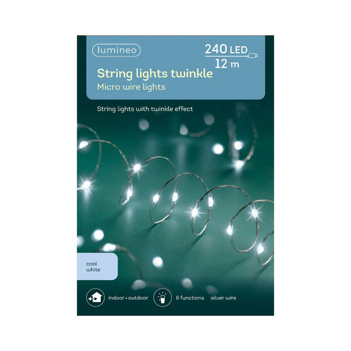 Micro LED String Lights 8 Function Twinkle Effect  Silver, Cool White 240 Lights