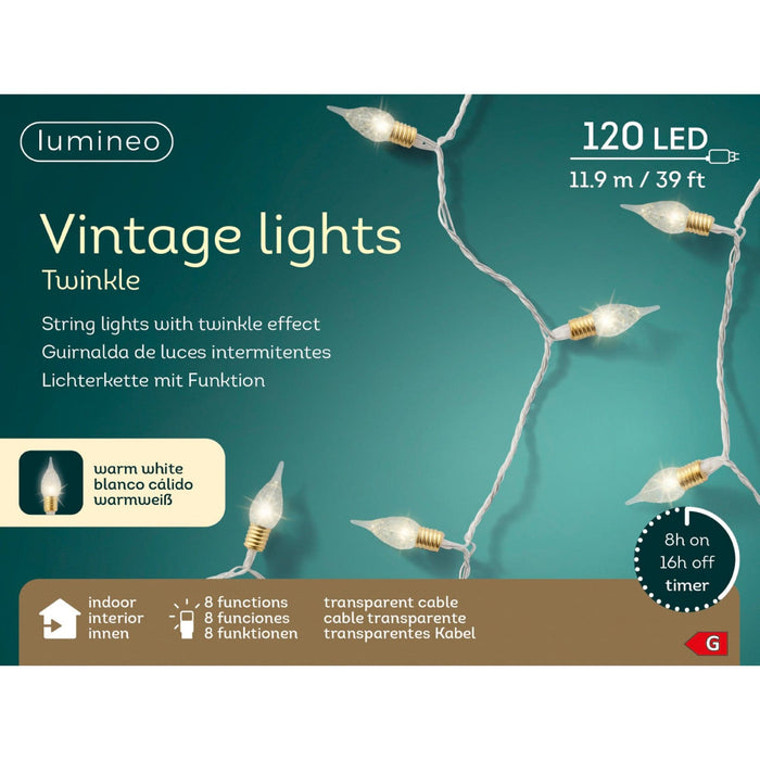 LED Vintage Lights 8 Function Twinkle Effect Transparent, Warm White 120 Lights