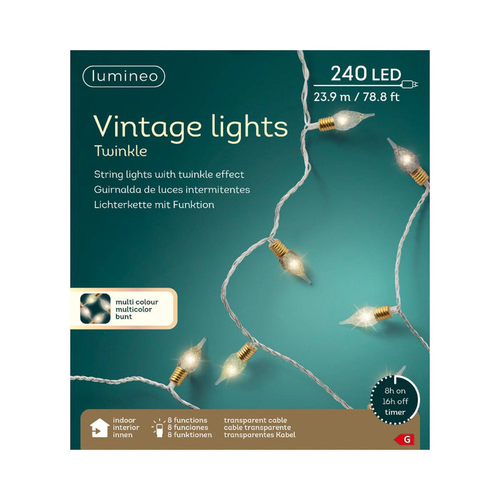 LED Vintage Lights 8 Function Twinkle Effect Transparent, Warm White, Light Green, Classic Warm, Pink 240 Lights
