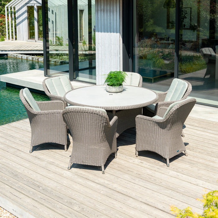 Hazelmere Grey Weave 6 Seater Round Dining Set with Pistachio Cushions
