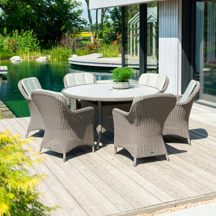 Hazelmere Grey Weave 6 Seater Round Dining Set with Pistachio Cushions