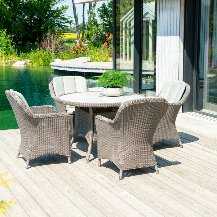 Hazelmere Grey Weave 4 Seater Round Dining Set with Pistachio Cushions