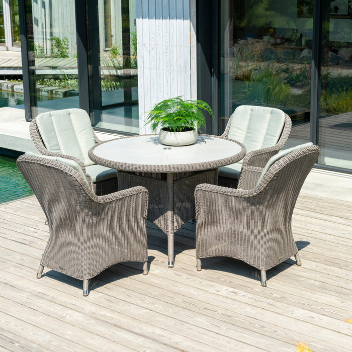 Hazelmere Grey Weave 4 Seater Round Dining Set with Pistachio Cushions