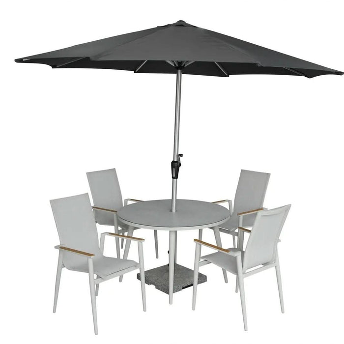 Bramblecrest Sofia Round Table with 4 Armchairs, Parasol & Base Set - Grey