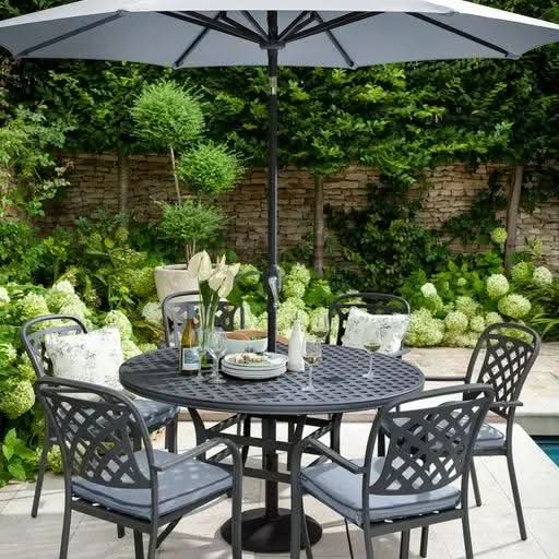 Berkeley 6 Seat Round Dining Set in Antique Grey / Platinum with base & parasol by Hartman, Northern Ireland