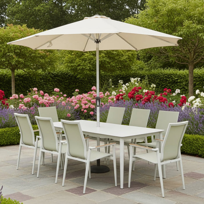 Bramblecrest Sofia Rectangle Table with 8 Armchairs, Parasol & Base Set - Green