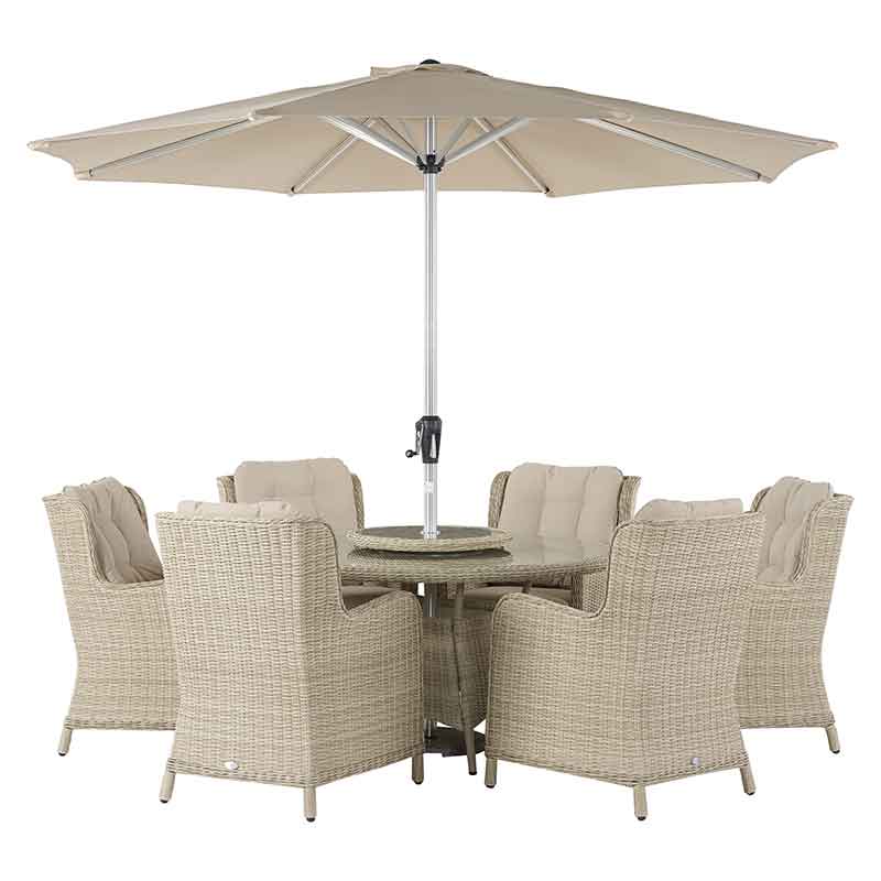 Bramblecrest Chedworth 6 Seat Garden Dining Set in Sandstone with Round Table, Lazy Susan, 3m Parasol & Base