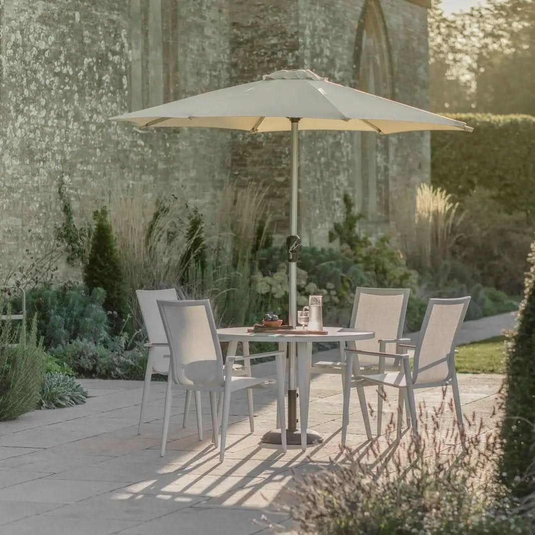 Bramblecrest Sofia Round Table with 4 Armchairs, Parasol & Base Set - Grey