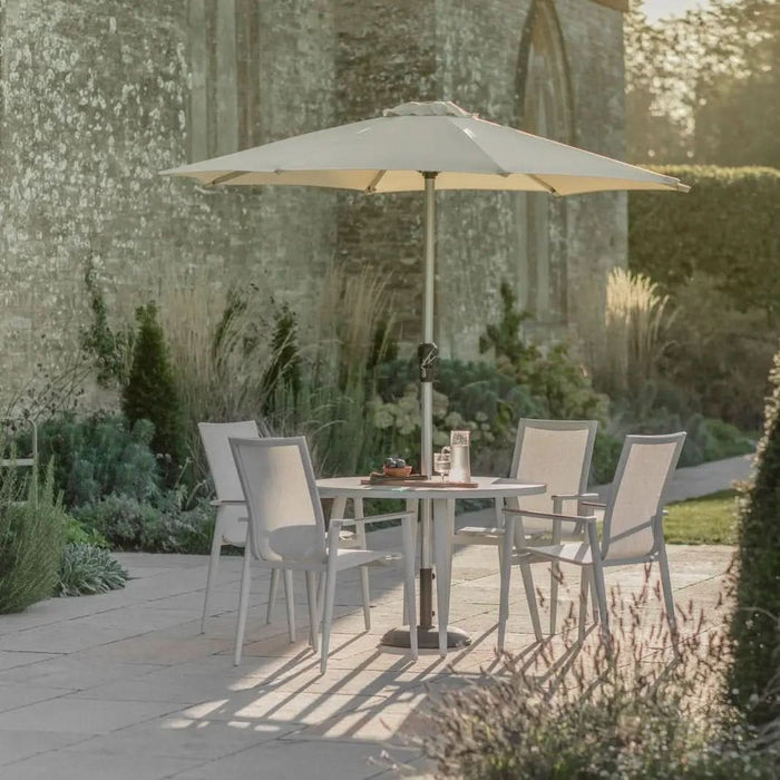 Bramblecrest Sofia Round Table with 4 Armchairs, Parasol & Base Set - Grey