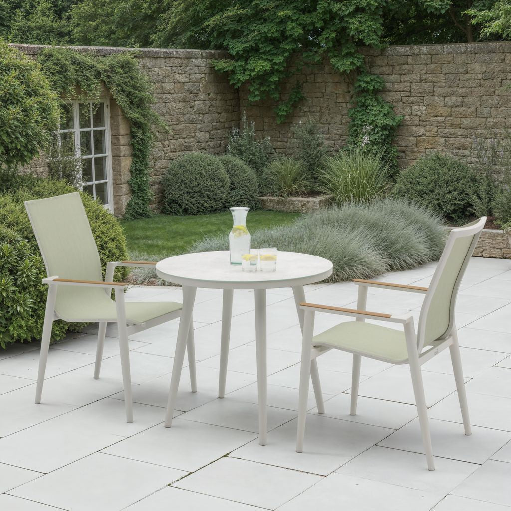 Bramblecrest Sofia Round Bistro Set in Green Stacking Armchairs