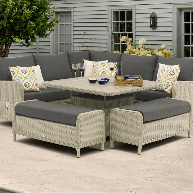 Product Bramblecrest Chedworth Dove Grey Rattan Reclining Corner Sofa with Square Dual Height Table & 2 Benches