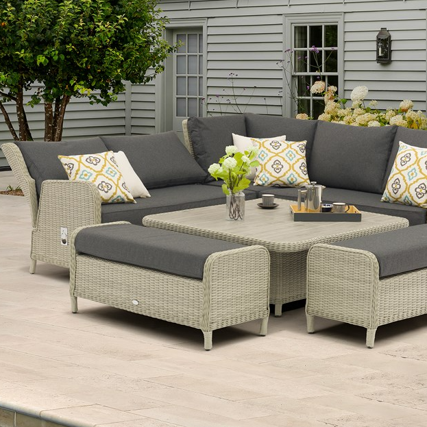 Product Bramblecrest Chedworth Dove Grey Rattan Reclining Corner Sofa with Square Dual Height Table & 2 Benches