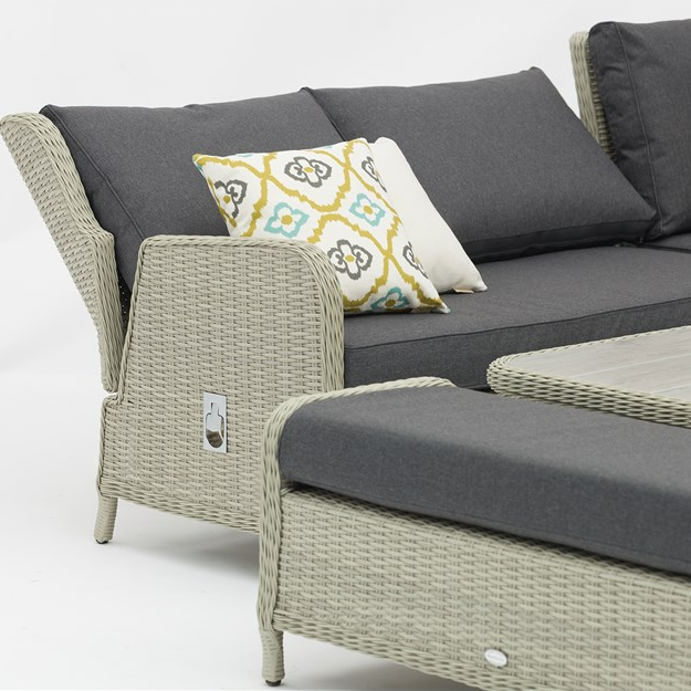 Product Bramblecrest Chedworth Dove Grey Rattan Reclining Corner Sofa with Square Dual Height Table & 2 Benches