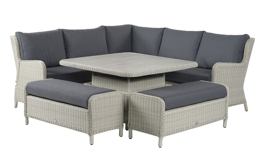Product Bramblecrest Chedworth Dove Grey Rattan Reclining Corner Sofa with Square Dual Height Table & 2 Benches