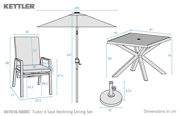 Tudor 4 Seat Reclining Dining Set With Parasol & Base
