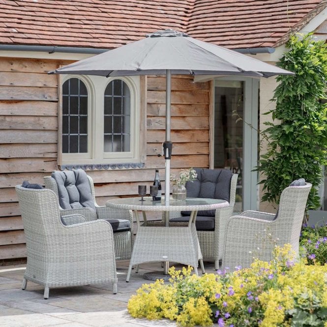 Bramblecrest - Chedworth Rattan 4 Seat Round Dining Set in Dove Grey with Parasol & Base
