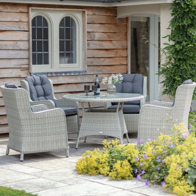 Bramblecrest - Chedworth Rattan 4 Seat Round Dining Set in Dove Grey with Parasol & Base