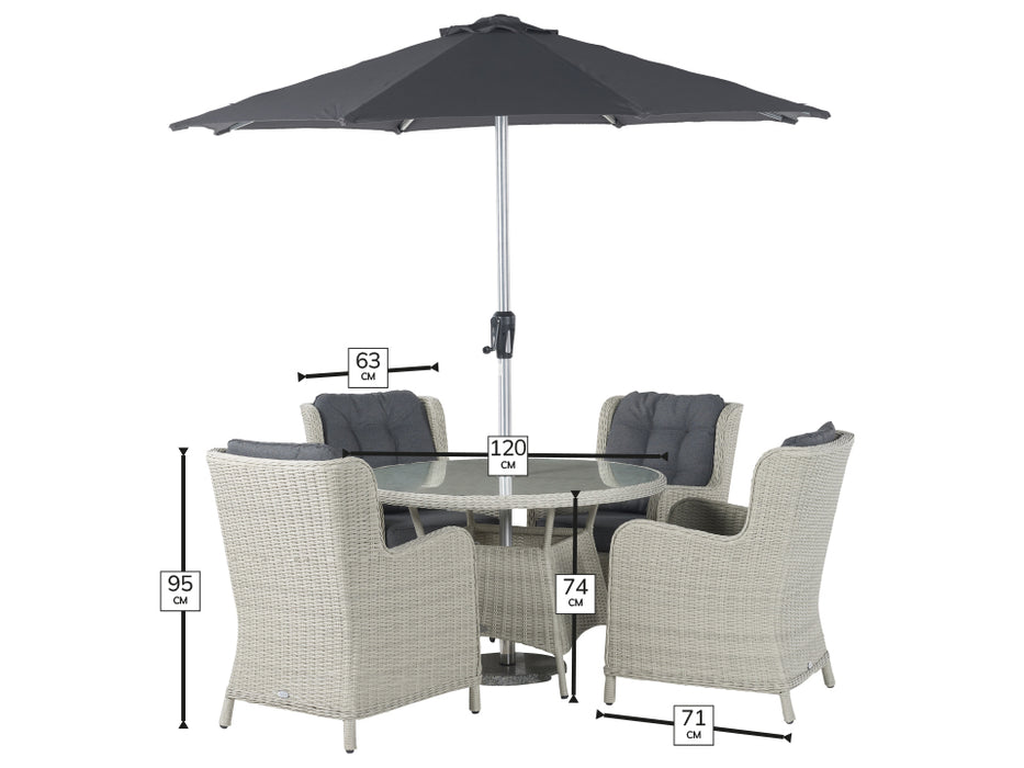 Bramblecrest - Chedworth Rattan 4 Seat Round Dining Set in Dove Grey with Parasol & Base