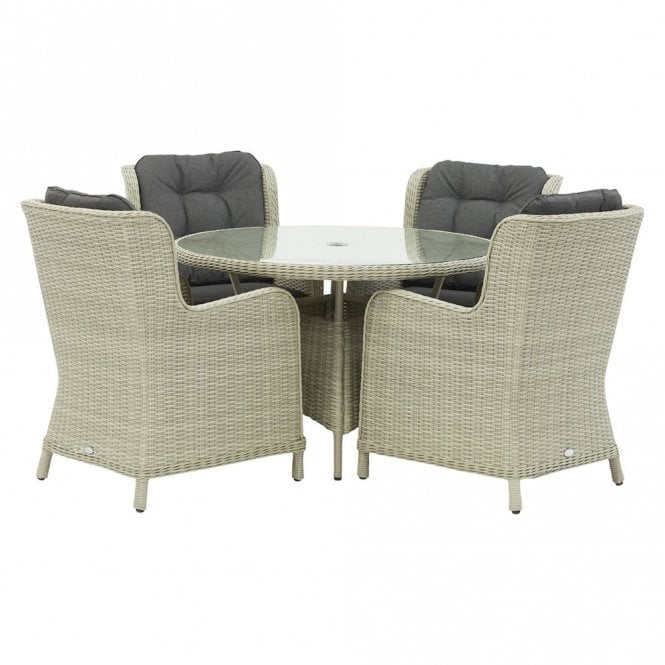 Bramblecrest - Chedworth Rattan 4 Seat Round Dining Set in Dove Grey with Parasol & Base
