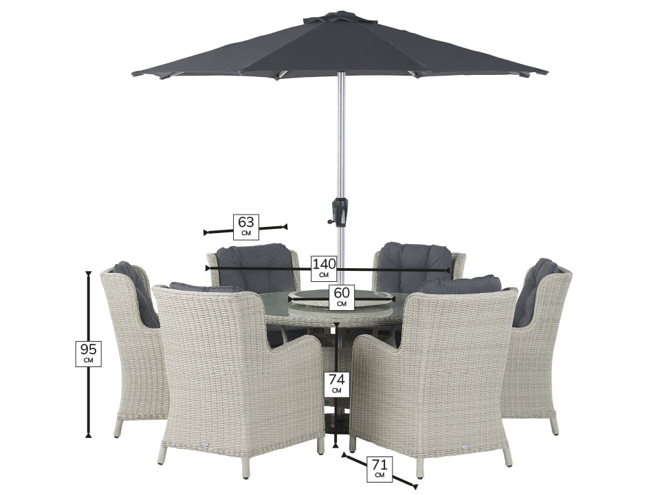 Bramblecrest - Chedworth Rattan 6 Seat Round Dining Set in Dove Grey with Lazy Susan, Parasol & Base