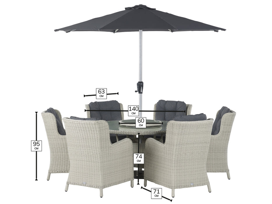 Bramblecrest - Chedworth Rattan 6 Seat Round Dining Set in Dove Grey with Lazy Susan, Parasol & Base