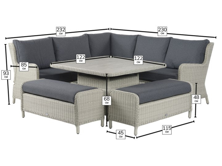 Product Bramblecrest Chedworth Dove Grey Rattan Reclining Corner Sofa with Square Dual Height Table & 2 Benches