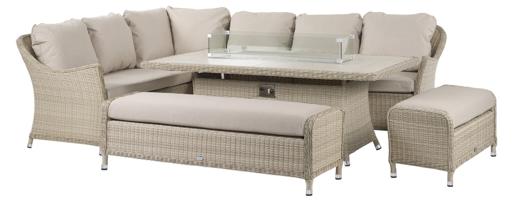 Bramblecrest Monterey Sandstone Rattan L-Shape Sofa with Rectangle Firepit Table & 2 Benches