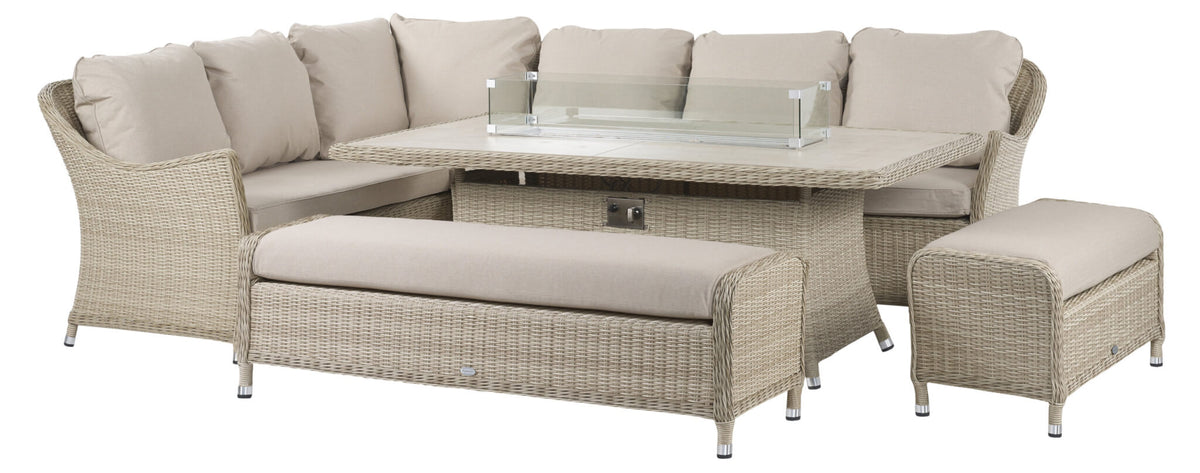 Bramblecrest Monterey Sandstone Rattan L-Shape Sofa with Rectangle Firepit Table & 2 Benches