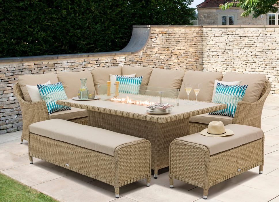 Bramblecrest Monterey Sandstone Rattan L-Shape Sofa with Rectangle Firepit Table & 2 Benches