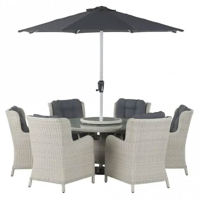 Bramblecrest - Chedworth Rattan 6 Seat Round Dining Set in Dove Grey with Lazy Susan, Parasol & Base