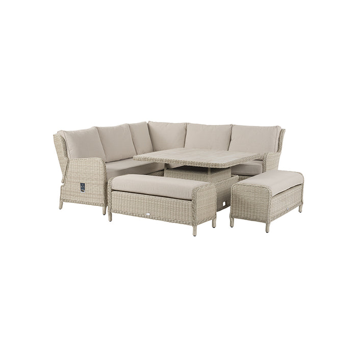 Bramblecrest Chedworth Reclining Corner Sofa with Square Dual-Height Table & 2 Benches in Sandstone Rattan