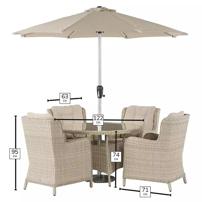 Bramblecrest Chedworth 4 Seat Garden Dining Set in Sandstone with Round Table, Parasol & Base