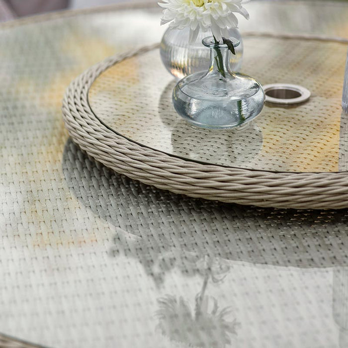 Bramblecrest Chedworth 6 Seat Garden Dining Set in Sandstone with Round Table, Lazy Susan, 3m Parasol & Base