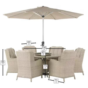 Bramblecrest Chedworth 6 Seat Garden Dining Set in Sandstone with Round Table, Lazy Susan, 3m Parasol & Base