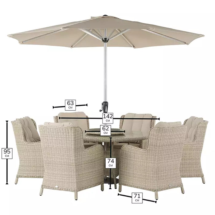 Bramblecrest Chedworth 6 Seat Garden Dining Set in Sandstone with Round Table, Lazy Susan, 3m Parasol & Base