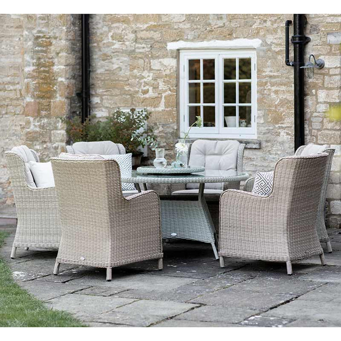 Bramblecrest Chedworth 6 Seat Garden Dining Set in Sandstone with Round Table, Lazy Susan, 3m Parasol & Base