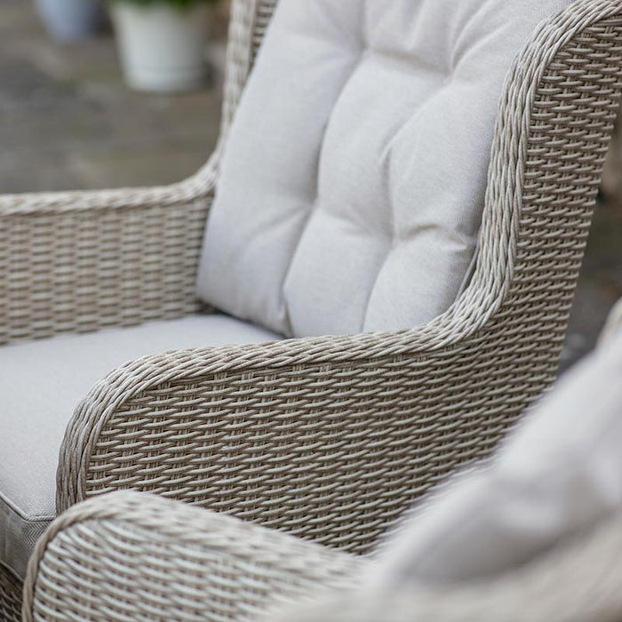 Bramblecrest Chedworth 6 Seat Garden Dining Set in Sandstone with Round Table, Lazy Susan, 3m Parasol & Base