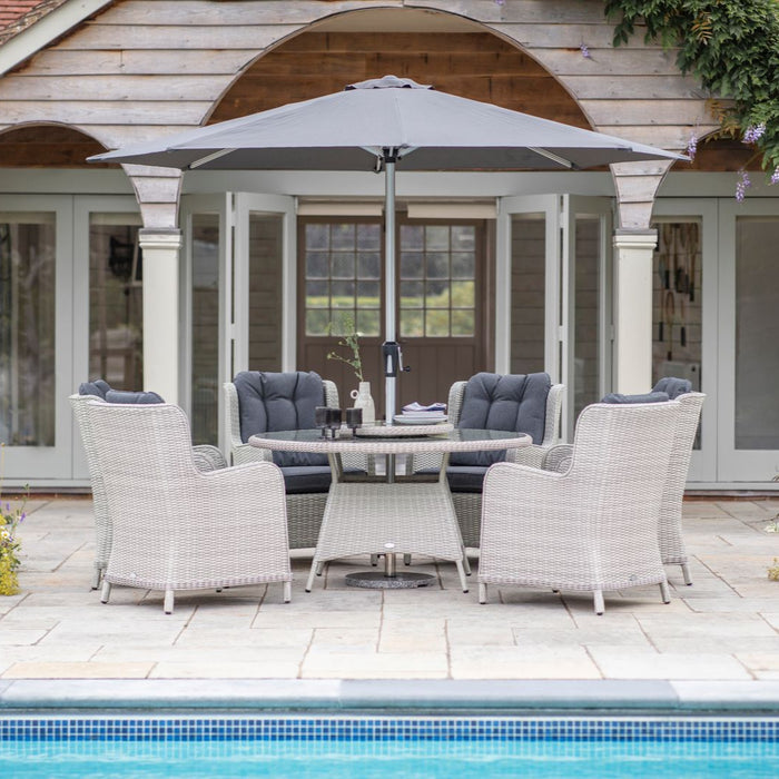 Bramblecrest - Chedworth Rattan 6 Seat Round Dining Set in Dove Grey with Lazy Susan, Parasol & Base