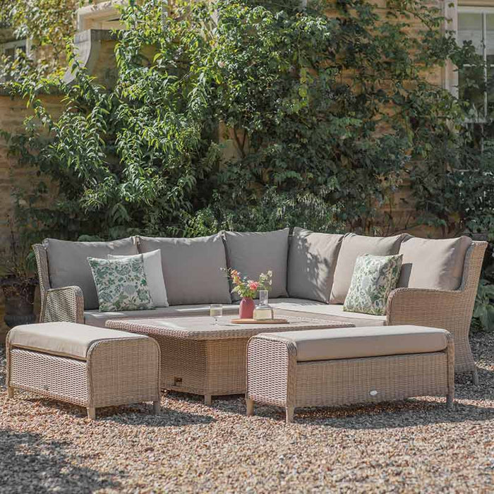 Bramblecrest Chedworth Reclining Corner Sofa with Square Dual-Height Table & 2 Benches in Sandstone Rattan