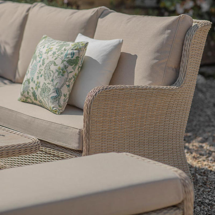 Bramblecrest Chedworth Reclining Corner Sofa with Square Dual-Height Table & 2 Benches in Sandstone Rattan