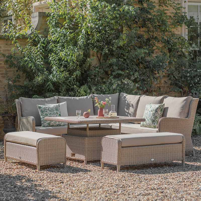 Bramblecrest Chedworth Reclining Corner Sofa with Square Dual-Height Table & 2 Benches in Sandstone Rattan