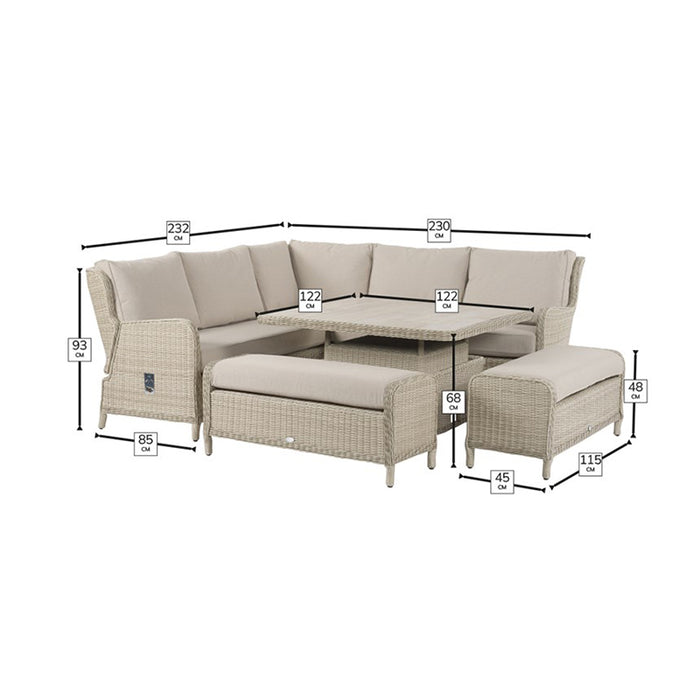 Bramblecrest Chedworth Reclining Corner Sofa with Square Dual-Height Table & 2 Benches in Sandstone Rattan